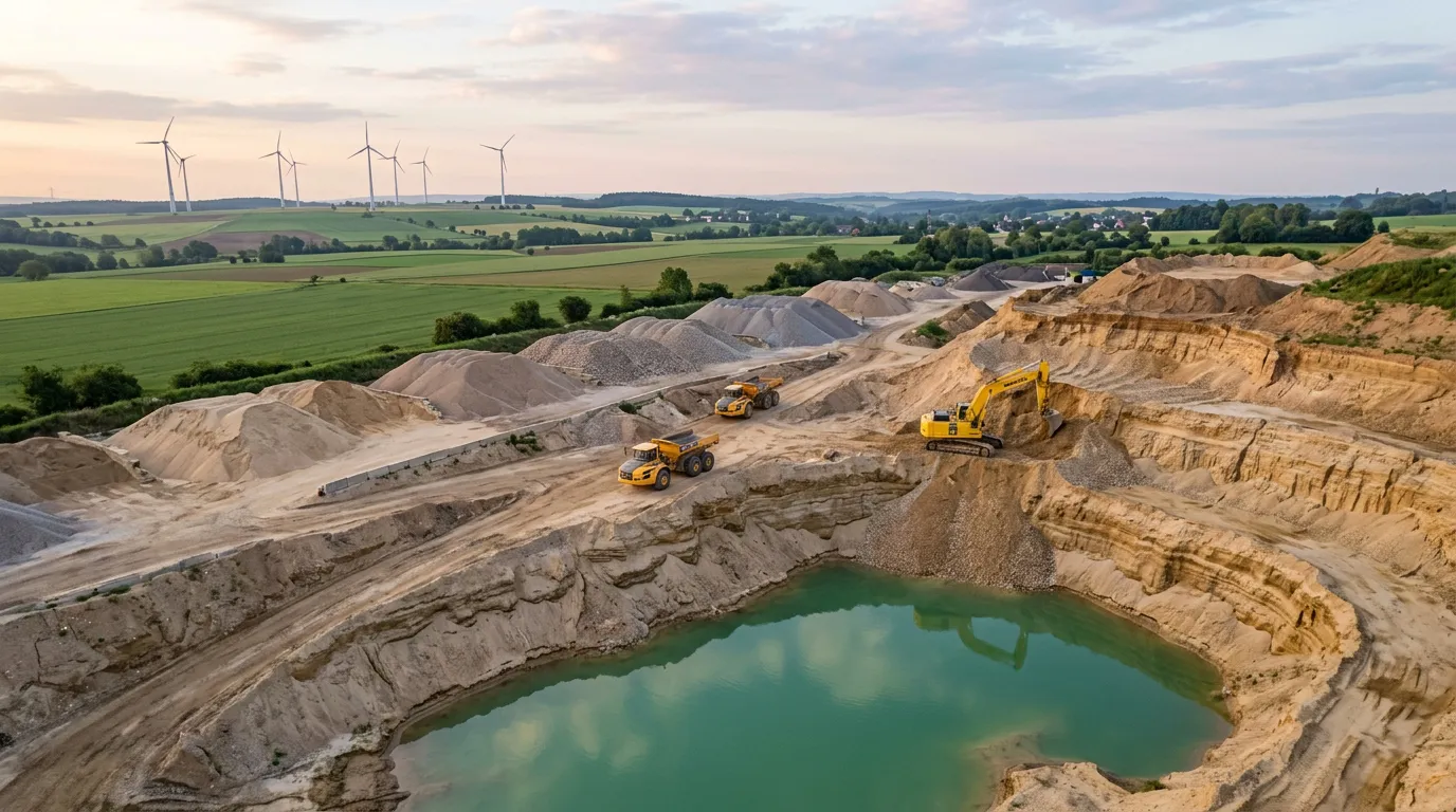 Luftaufnahme einer Kiesgrube mit Bagger und Baggersee