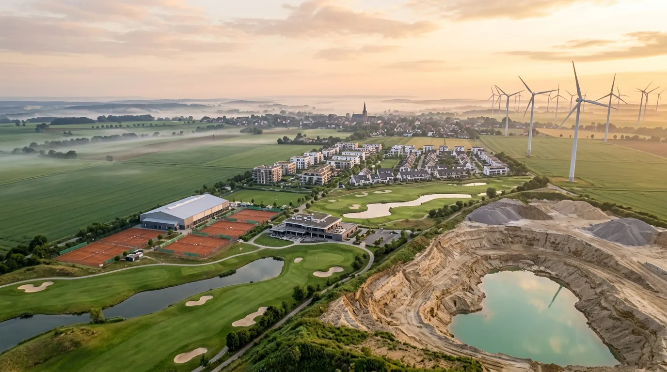 Luftaufnahme: Sportpark, Windpark und Kiesgrube